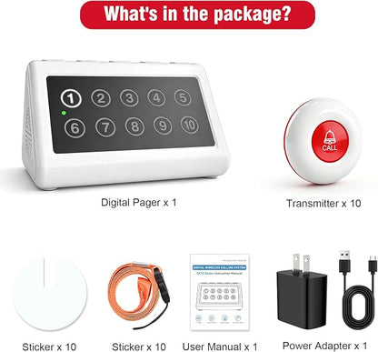 CallToU Wireless Calling System Caregiver Pager Call Button System with 10 Waterproof Call Buttons and 1 Number Receiver for Clinic Nurses Station Restaurant Nursing Home