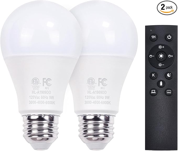 Gupuzm A19 LED Remote Control Bulbs, 800LM 9W, Equivalent to 60W Bulbs, Dimmable Bulb with Remote Control 3000K-6000K, E26 Base, CRI 80+,2.4GHz, Lifespan Over 25,000 Hours (9W-1 Remote-2 Bulb)