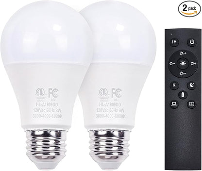 Gupuzm A19 LED Remote Control Bulbs, 800LM 9W, Equivalent to 60W Bulbs, Dimmable Bulb with Remote Control 3000K-6000K, E26 Base, CRI 80+,2.4GHz, Lifespan Over 25,000 Hours (9W-1 Remote-2 Bulb)