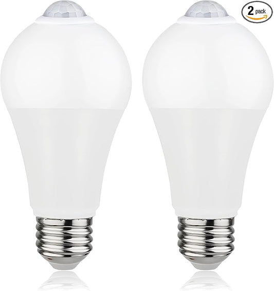 Motion Sensor LED Bulbs 12W (100W Equivalent) - Auto On/Off Dusk to Dawn Security Lighting, 5000K Daylight, Energy-Saving Indoor Outdoor Bulbs for Porch, Stairs, Hallway (2-Pack)