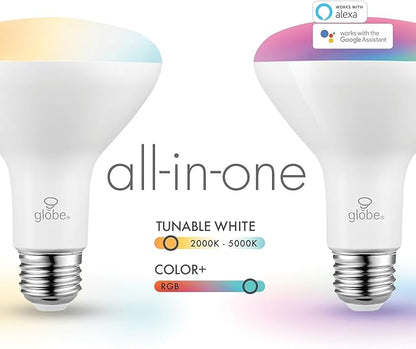 Globe Electric Wi-Fi Smart 10 Watt (65W Equivalent) Multicolor Changing RGB Tunable White Frosted LED Light Bulb, No Hub Required, Voice Activated, 2000K - 5000K, BR30 Shape, E26 Base,50035