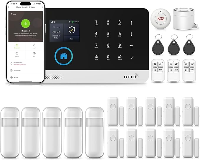 Alarm System for Home Security, WiFi Wireless Security System GSM Home Alarm 24 Piece Kit with Siren, PIR Motion Sensors, Remote Controls, Window/Door Sensors (Tuya and Smart Life APP)
