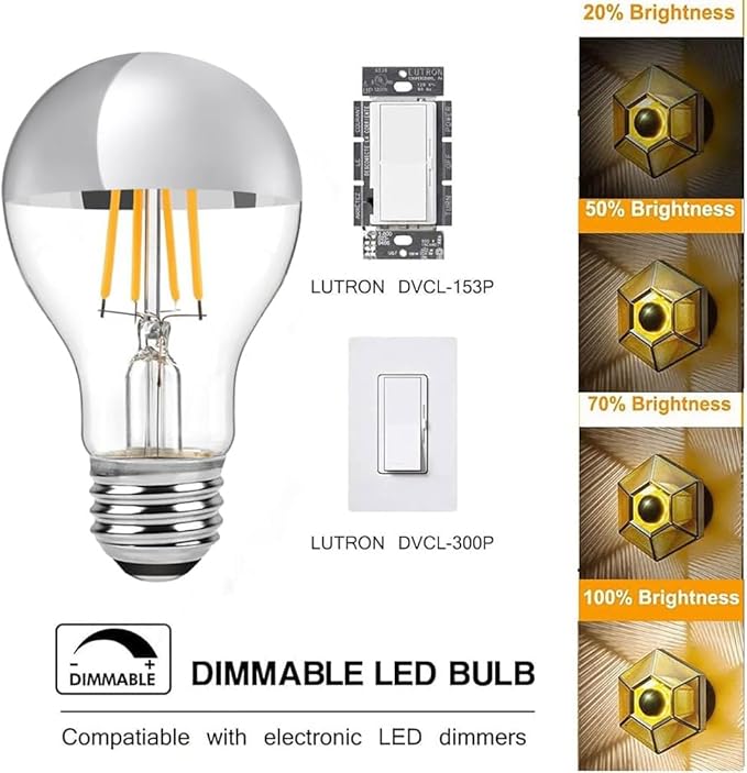 Half Chrome LED Light Bulb 4W (40 Watt Equivalent), Dimmable A19 E26 2700K Warm White Decorative Edison Bulb, Silver Mirror Reflected Light, Pack of 2