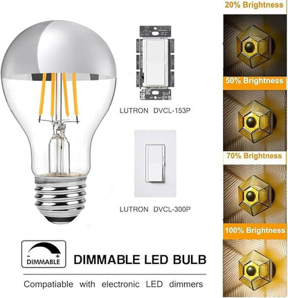 Half Chrome LED Light Bulb 4W (40 Watt Equivalent), Dimmable A19 E26 2700K Warm White Decorative Edison Bulb, Silver Mirror Reflected Light, Pack of 2