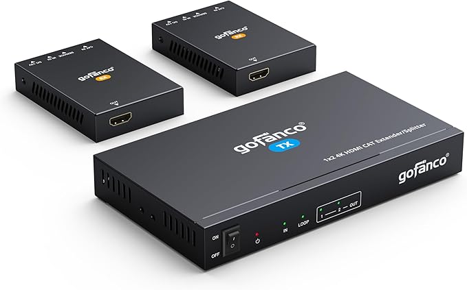 gofanco 1x2 HDMI Extender/Splitter over CAT6/7 – 1080p up to 197ft(60m), 4K60Hz up to 115ft(35m), HDR, HDCP 2.2,IR,EDID,PoC,Loopout,5.1-ch Digital Audio, Coaxial/Analog Audio Extraction (HD20Ext-2Pv2)