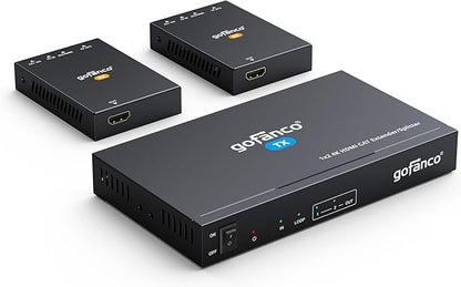 gofanco 1x2 HDMI Extender/Splitter over CAT6/7 – 1080p up to 197ft(60m), 4K60Hz up to 115ft(35m), HDR, HDCP 2.2,IR,EDID,PoC,Loopout,5.1-ch Digital Audio, Coaxial/Analog Audio Extraction (HD20Ext-2Pv2)
