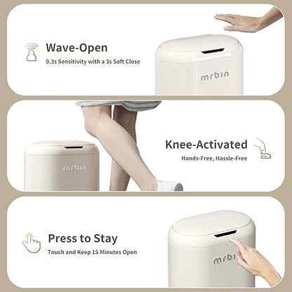 MRBIN Trash Can for Bathroom, Automatic Touchless Garbage Bin with Lid,3.43 Gallon for Office and Kitchen, Electric Motion Sensor Bedroom Bin, Cream White, MACE0102
