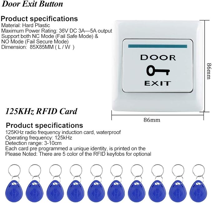 LIBO Full Access Control System Kit Set Metal Controller Keypad 500 Users, 3A Power Supply Switch DC 12V Electric Magnetic Lock 180kg/350lbs + Door Exit Release Button + 10pcs RFID KeyFobs