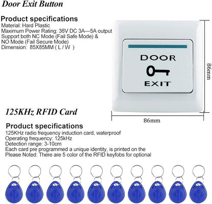 LIBO Full Access Control System Kit Set Metal Controller Keypad 500 Users, 3A Power Supply Switch DC 12V Electric Magnetic Lock 180kg/350lbs + Door Exit Release Button + 10pcs RFID KeyFobs