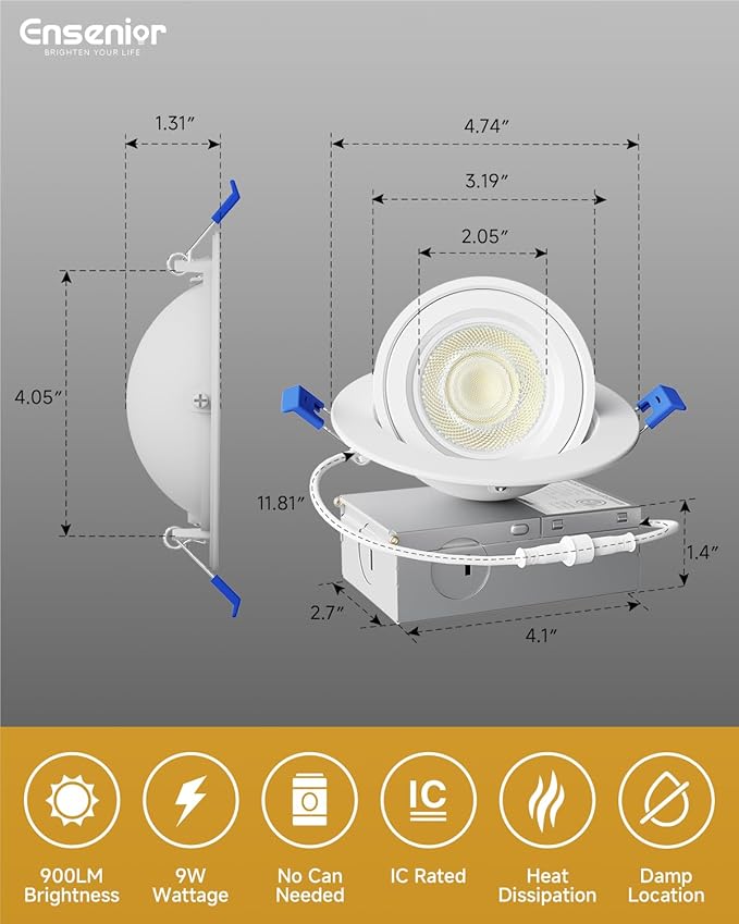 Ensenior 12 Pack 4 inch LED Gimbal Led Recessed Light with Junction Box, 2700K-5000K 5CCT, 360°+90° Adjustable Directional Eyeball Lighting, Dimmable, CRI90+, 900LM, 9W=85W, 120V-ETL&FCC