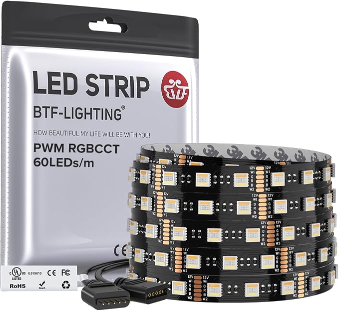BTF-LIGHTING RGBCCT LED Strip UL Listed 16.4ft 60LED/m 300LED DC12V IP30 | Black LED Tape 12mm wide 5 Colors in 1 RGB+Dimmable Tunable Color Temperature 2700K-6500K for Decor(No Adapter or Controller)