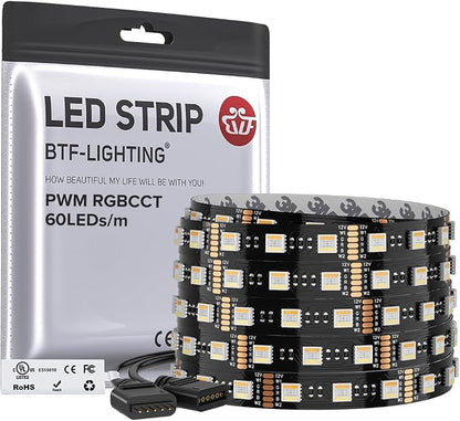 BTF-LIGHTING RGBCCT LED Strip UL Listed 16.4ft 60LED/m 300LED DC12V IP30 | Black LED Tape 12mm wide 5 Colors in 1 RGB+Dimmable Tunable Color Temperature 2700K-6500K for Decor(No Adapter or Controller)
