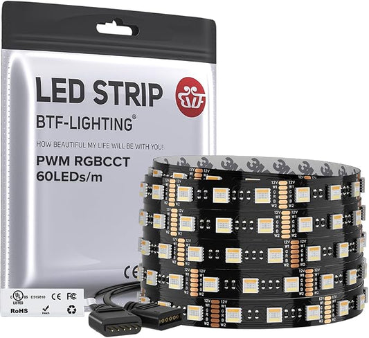 BTF-LIGHTING RGBCCT LED Strip UL Listed 16.4ft 60LED/m 300LED DC12V IP30 | Black LED Tape 12mm wide 5 Colors in 1 RGB+Dimmable Tunable Color Temperature 2700K-6500K for Decor(No Adapter or Controller)