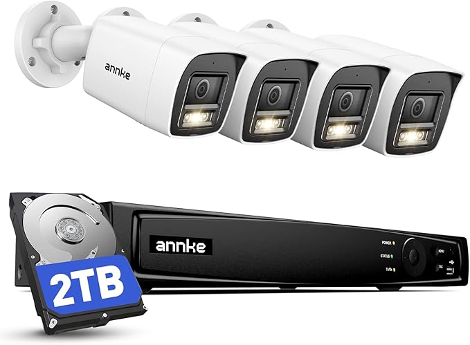 ANNKE 4K PoE Security Camera System, 8CH H.265+ NVR with AI Human/Vehicle Detection, 4X 8MP Outdoor Bullet IP Cams, Smart Color Night Vision, IP67, Built-in Mic, 2TB HDD for 7/24 Home Surveillance