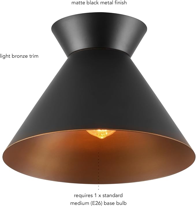 Novogratz x Globe 1-Light Matte Black Flush Mount Ceiling Light with Bronze Trim Accent