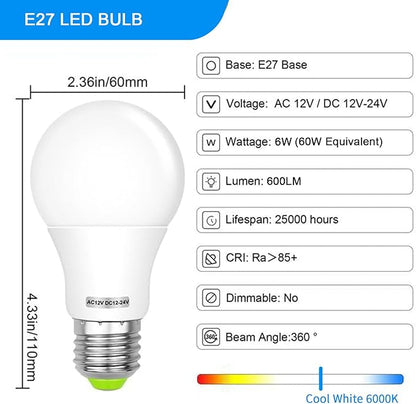 E26 12V LED Bulb 60W Equivalent E26/E27 Base 12-24V AC/DC 600Lm Cool White 6000K 6W LED Durable for Low Voltage Off-Grid Solar Battery Systems, RV, Marine Lighting - 4 Pack