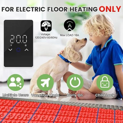 MAXKOSKO 1PC WiFi Smart Thermostat for Electric Floor Warming System with Touchscreen LED Display 120V/240V, Easy Connection & Energy Saving Home Programmable Thermostat Black