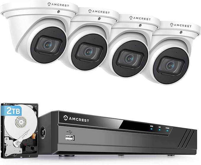 Amcrest 4K Security Camera System w/ 4K 8CH PoE NVR, (4) x 4K (8-Megapixel) IP67 Weatherproof Metal Turret Dome POE IP Cameras (3840x2160), Pre-Installed 2TB HDD, NV4108E-IP8M-T2599EW4-2TB (White)