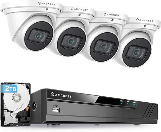 Amcrest 4K Security Camera System w/ 4K 8CH PoE NVR, (4) x 4K (8-Megapixel) IP67 Weatherproof Metal Turret Dome POE IP Cameras (3840x2160), Pre-Installed 2TB HDD, NV4108E-IP8M-T2599EW4-2TB (White)