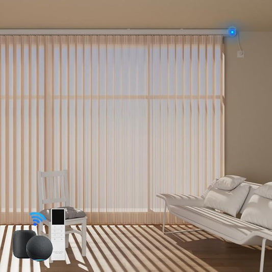 Motorized Sheer Vertical Blinds Work with Alexa Google Home, Light Filtering Smart Vertical Blind Sliding Door Blinds Remote Control Blinds for Sliding Glass Door Customize, Texture Coffee