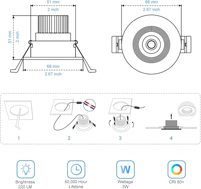 2Inch LED Recessed Ceiling Light, 3W Dimmable LED Downlight, 60 Beam Angle COB Recessed Lights with Driver, Daylight White 5000K-5500K, 25W Halogen Bulbs Equivalent for Ceiling Lighting, White 1 Pack