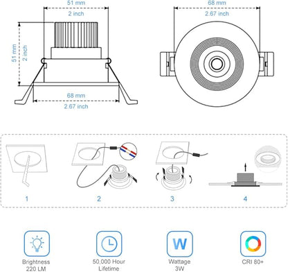 2Inch LED Recessed Ceiling Light, 3W Dimmable LED Downlight, 60 Beam Angle COB Recessed Lights with Driver, Daylight White 5500K, 25W Halogen Bulbs Equivalent for Ceiling Lighting, White 10Pack