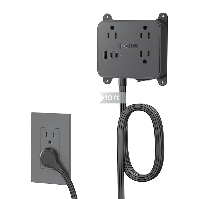 TROND Flat Plug Power Strip - 10FT Long Extension Cord with 3 AC Outlets, 2 USB-C Ports, 1 USB-A Port, Long Cord Desk Charging Station, Wall Mount for Home, Office Accessories, Dorm Room Essentials