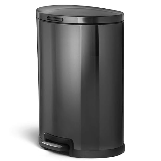 Home Zone Living 12 Gallon Semi-Round Kitchen Trash Can with Soft Close Lid, Step Pedal, Bag Tuck Band, and Removable Liner, Black