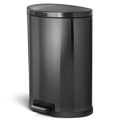 Home Zone Living 12 Gallon Semi-Round Kitchen Trash Can with Soft Close Lid, Step Pedal, Bag Tuck Band, and Removable Liner, Black