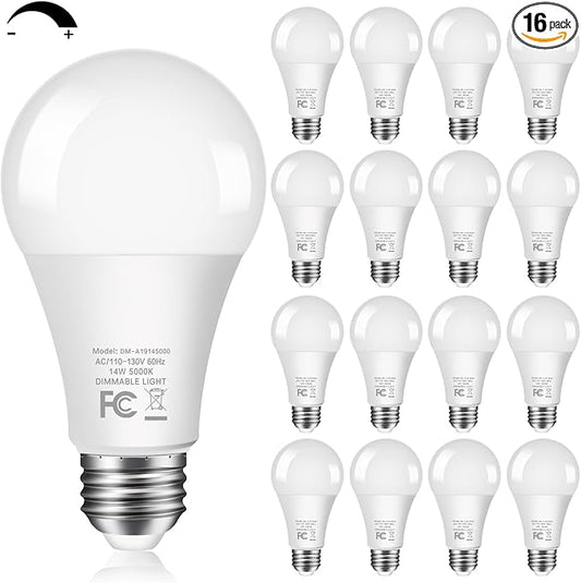 100Watt Equivalent LED Light Bulbs 5000K Daylight, Dimmable A19 LED Light Bulbs 14W 1500LM Bright LED Bulbs with E26 Standard Medium Base for Home Kitchen Bedroom Office Indoor, No Flicker, 16 Packs