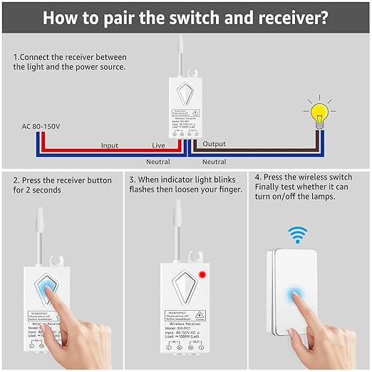 NineLeaf Wireless Light Switch and Receiver Kit, Wireless Switches for Lights, Mini Remote Lamp Switch for Ceiling Lights Lamps Lighting Fixture No Wiring No WiFi, Outdoor 1900ft Indoor 300ft Range