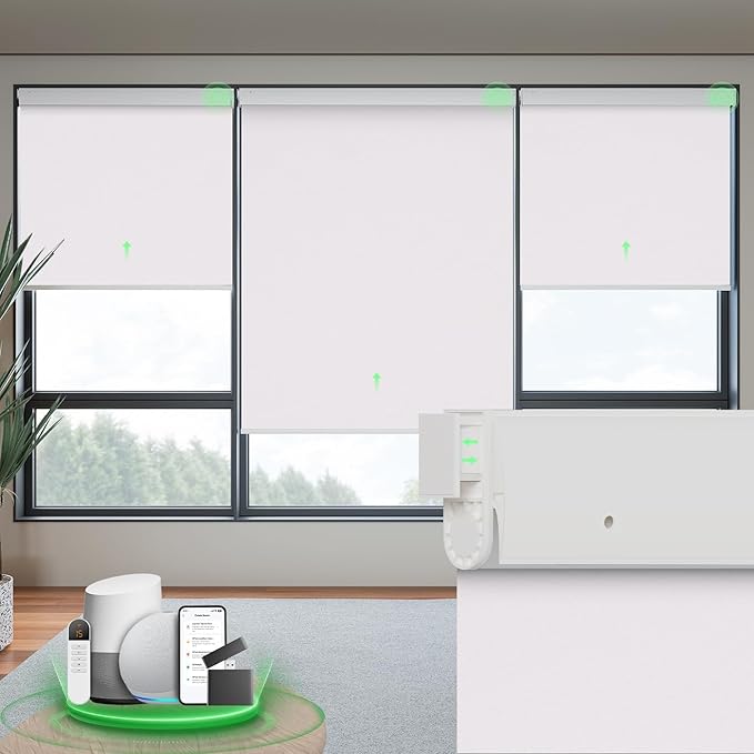 Motorized Blinds with Remote, Blackout No Drill Cordless Smart Roller Shades, Automatic Blinds for Windows, White,24" W x 72" H