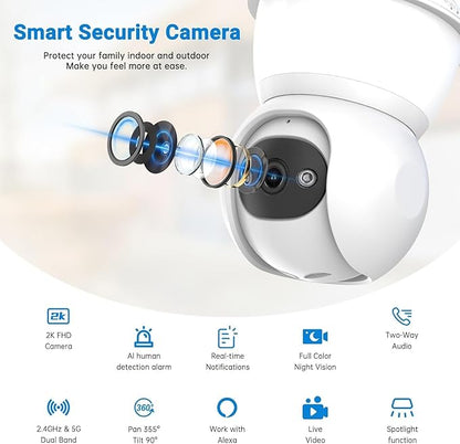Smart Light Bulb Security Camera,5G&2.4G Security Cameras Wireless Outdoor,2K Light Bulb Camera, 360° Camera for Home Security,AI Detection,Smart Night Vision, Two-Way Audio (White 2 Packs)