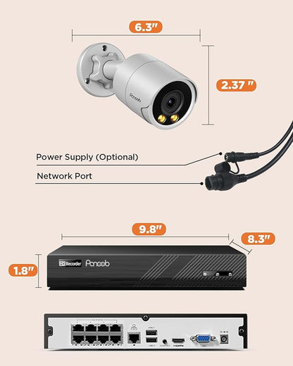 Security Camera System PoE, 8X 5MP Wired Bullet IP Cameras Outdoor Built-in Microphone, AI Human Vehicle Detection, 4K/8MP 8CH NVR with 2TB HDD, Smart Color Night Vision, PB38F0808-5M