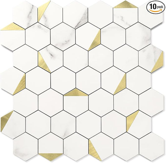 10-Sheet Heavy-Duty Hexagon Peel and Stick Backsplash, Thick Waterproof &Heat Resistant Stick on Wall Tiles, Marble White Mosaic for Kitchen & Bathroom, Strong Adhesive Permanent PVC Tiles