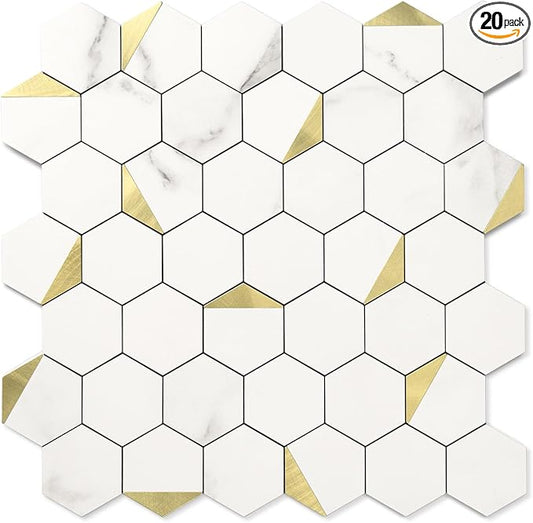 20-Sheet Heavy-Duty Hexagon Peel and Stick Backsplash, Thick Waterproof &Heat Resistant Stick on Wall Tiles, Marble White Mosaic for Kitchen & Bathroom, Strong Adhesive Permanent PVC Tiles