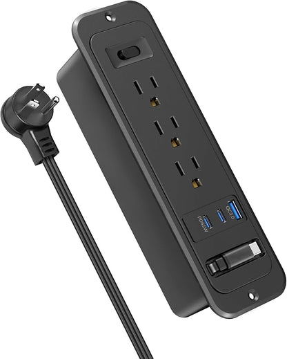 Recessed Power Strip with Retractable USB C Cable,2 PD 65W USB C Fast Charging,Flush Mount Countertop Drawer Outlet, Furniture Hidden Outlet for Side Table,End Table,3 Outlets (Black, 6FT-65W)