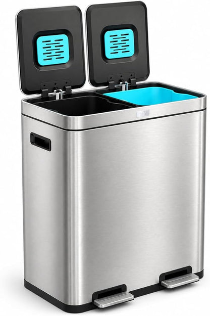 Home Zone Living 16 Gallon Kitchen Trash Can with Dual Compartments for Recycling, CleanAura Odor Control, Stainless Steel, Silver, 60 Liters Total