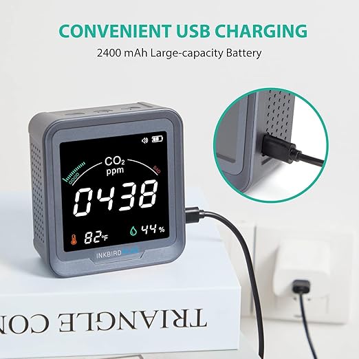 INKBIRDPLUS Ndir Air Quality Monitor Indoor with Battery Powered | 3 in 1 Detect for CO2 & Temperature & Humidity | for Home, Office, RV, Grow Tent (PTH-9C)