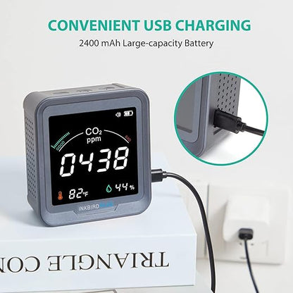 INKBIRDPLUS Ndir Air Quality Monitor Indoor with Battery Powered | 3 in 1 Detect for CO2 & Temperature & Humidity | for Home, Office, RV, Grow Tent (PTH-9C)