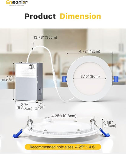 Ensenior 6 Pack 4 Inch LED Recessed Light, Dimmable, 2700K-5000K 5CCT, 750LM High Brightness, 9W 120V, Damp Rated, Ultra-Thin Canless Wafer Ceiling Light - ETL & FCC & IC