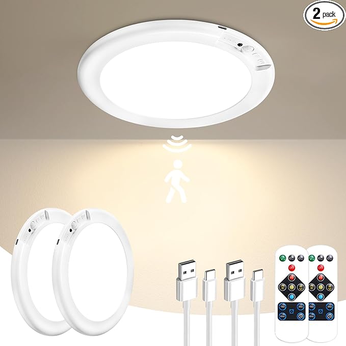 Gotopceed 2 Pack Rechargeable Motion Sensor Ceiling Light with Remote - Magnetic Wireless Ceiling Light Battery Powered for Closet Shower Stairs Shed Hallway ect