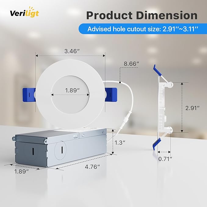 12 Pack 3 Inch LED Recessed Light, Dimmable, Damp Rated, 5CCT Selectable, 6W 500LM, 120V, Silm Canless Wafer Ceiling Light, ETL&FCC