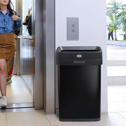 Clorox 13 Gallon Trash Can - 50L Slim Open Top Garbage Bin for Commercial Spaces, Kitchen, Office - Narrow Rectangular Black Stainless Steel Body with Hinged Rim Protection