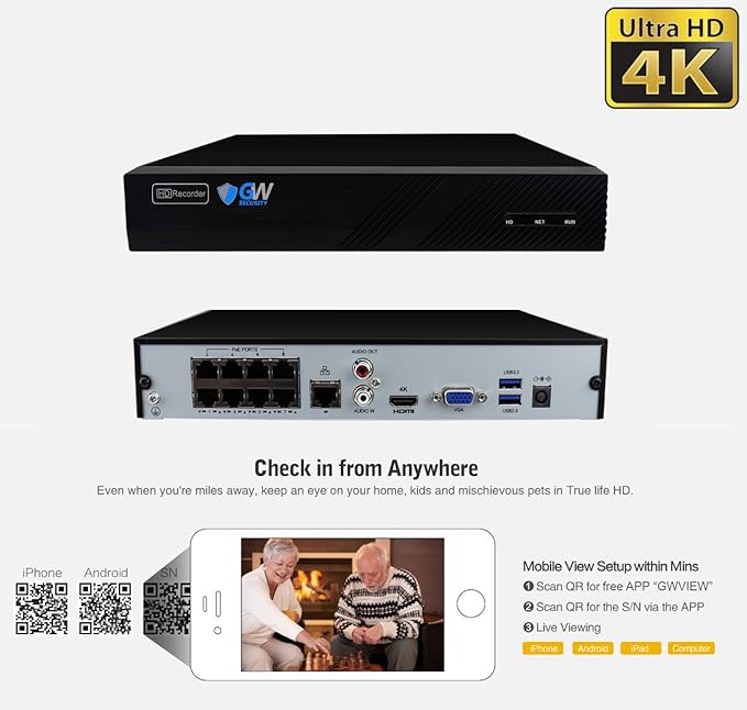 GW Security 8 Channel 8MP Fulltime Color Night Vision 4K NVR Security Camera System with 6 UltraHD 4K IP Two-Way Audio Outdoor/Indoor Smart AI Human Vehicle Detection PoE Dome Cameras
