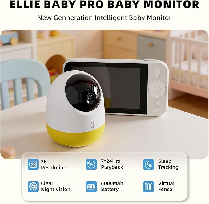 Ellie Pro Baby Monitor with Camera and Audio,5'' IPS 2K UHD Resolution,6000mAh Battery, Remote Pan-Tilt-5X Zoom, 2-Way Talk,No WiFi, Night Vision, Virtual Fence 24hr Play Back and 1000ft Range