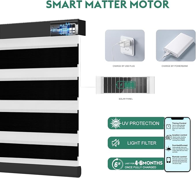 Motorized Zebra Blinds with Remote [Dual Layer + Light Filtering] 95% Blackout Smart Shades for Indoor Windows, Alexa Google and HomeKit Compatible, Customized Size, Equinox Midnight