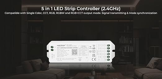 Miboxer LS2 LED Strip Lights 5 in-1 Controller, Compatible with Single Color, RGB, RGBW, WW+CW, RGB+CCT LED Strip Lights, Smartphone APP Control via Gateway (Excluded)