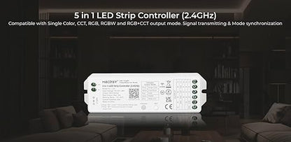 Miboxer LS2 LED Strip Lights 5 in-1 Controller, Compatible with Single Color, RGB, RGBW, WW+CW, RGB+CCT LED Strip Lights, Smartphone APP Control via Gateway (Excluded)