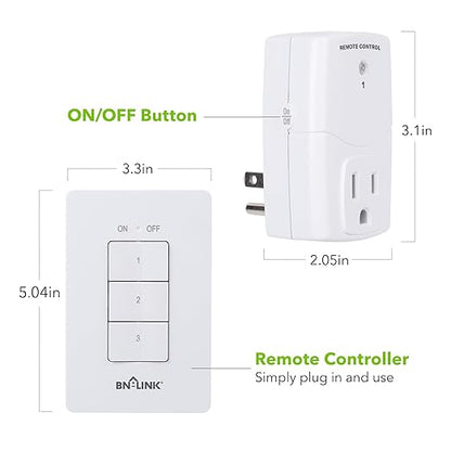 BN-LINK Mini Wireless Wall-Mounting Remote Control Outlet Switch Power Plug in for Household Appliances, Wireless Remote Light Switch, LED Light Bulbs, White (3 Outlets)